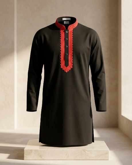 Premium Embroidery Punjabi for Men – Black with Red Sami Long Embroidery (5)